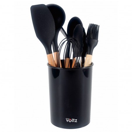 Set ustensile de bucatarie cu suport Oliver Voltz OV51612CB, 8 piese, Silicon, Rezistente la temperaturi ridicate, Suport, Negru