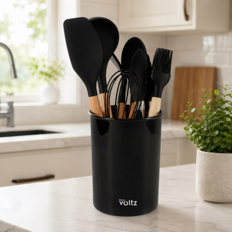 Set ustensile de bucatarie cu suport Oliver Voltz OV51612CB, 8 piese, Silicon, Rezistente la temperaturi ridicate, Suport, Negru