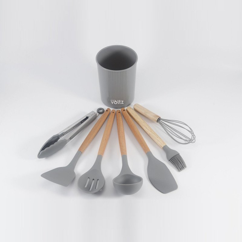 Set ustensile de bucatarie cu suport Oliver Voltz OV51612CG, 8 piese, Silicon, Rezistent la temperaturi ridicate, Suport, Gri