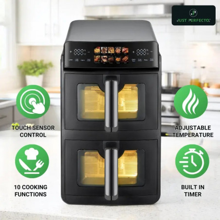 Friteuză dublă cu aer cald Just Perfecto JP-AF10DB, 2600 W, 10 l, 10 programe, 80-200 °C, circulație rapidă a aerului cald, gătire sincronizată, negru
