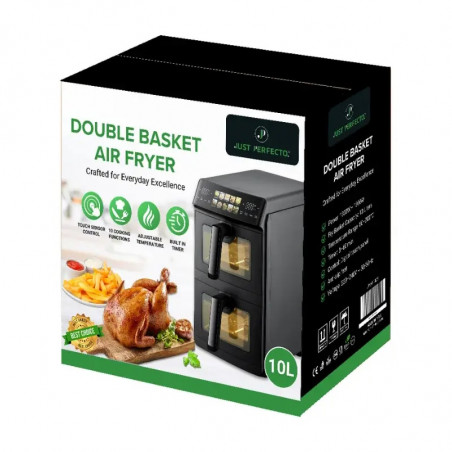 Friteuză dublă cu aer cald Just Perfecto JP-AF10DB, 2600 W, 10 l, 10 programe, 80-200 °C, circulație rapidă a aerului cald, gătire sincronizată, negru