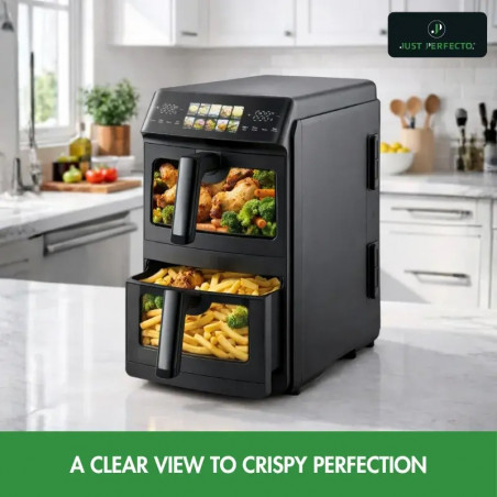 Friteuză dublă cu aer cald Just Perfecto JP-AF10DB, 2600 W, 10 l, 10 programe, 80-200 °C, circulație rapidă a aerului cald, gătire sincronizată, negru