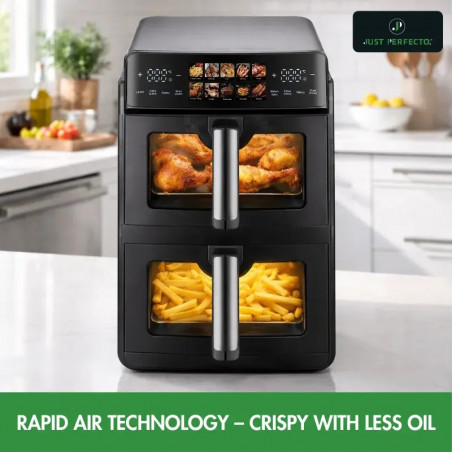 Friteuză dublă cu aer cald Just Perfecto JP-AF10DB, 2600 W, 10 l, 10 programe, 80-200 °C, circulație rapidă a aerului cald, gătire sincronizată, negru