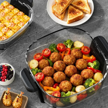 Friteuză cu aer cald Just Perfecto JP-AF4GL, 1500 W, 1,5/4 l, 8 programe, 80-200 °C, circulație a aerului cald la 360°, structură din sticlă rezistentă la temperaturi ridicate, negru
