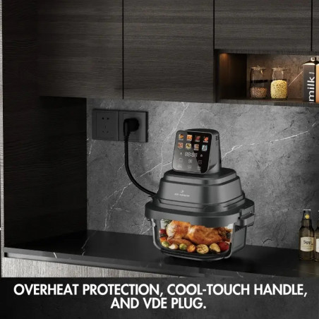 Friteuză cu aer cald Just Perfecto JP-AF4GL, 1500 W, 1,5/4 l, 8 programe, 80-200 °C, circulație a aerului cald la 360°, structură din sticlă rezistentă la temperaturi ridicate, negru