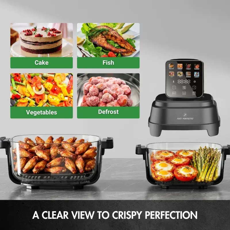 Friteuză cu aer cald Just Perfecto JP-AF4GL, 1500 W, 1,5/4 l, 8 programe, 80-200 °C, circulație a aerului cald la 360°, structură din sticlă rezistentă la temperaturi ridicate, negru