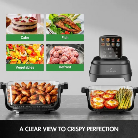 Friteuză cu aer cald Just Perfecto JP-AF4GL, 1500 W, 1,5/4 l, 8 programe, 80-200 °C, circulație a aerului cald la 360°, structură din sticlă rezistentă la temperaturi ridicate, negru