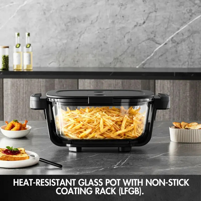 Friteuză cu aer cald Just Perfecto JP-AF4GL, 1500 W, 1,5/4 l, 8 programe, 80-200 °C, circulație a aerului cald la 360°, structură din sticlă rezistentă la temperaturi ridicate, negru