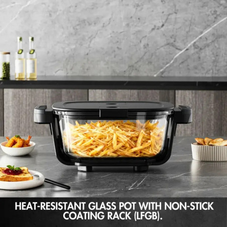 Friteuză cu aer cald Just Perfecto JP-AF4GL, 1500 W, 1,5/4 l, 8 programe, 80-200 °C, circulație a aerului cald la 360°, structură din sticlă rezistentă la temperaturi ridicate, negru