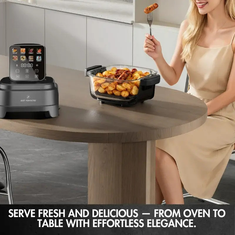Friteuză cu aer cald Just Perfecto JP-AF4GL, 1500 W, 1,5/4 l, 8 programe, 80-200 °C, circulație a aerului cald la 360°, structură din sticlă rezistentă la temperaturi ridicate, negru