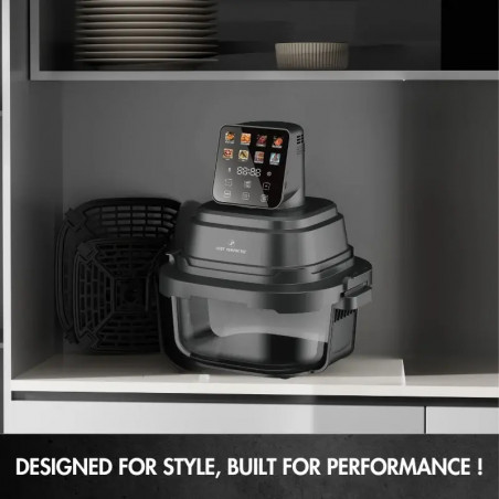 Friteuză cu aer cald Just Perfecto JP-AF4GL, 1500 W, 1,5/4 l, 8 programe, 80-200 °C, circulație a aerului cald la 360°, structură din sticlă rezistentă la temperaturi ridicate, negru
