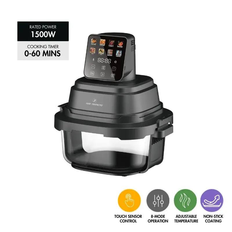 Friteuză cu aer cald Just Perfecto JP-AF4GL, 1500 W, 1,5/4 l, 8 programe, 80-200 °C, circulație a aerului cald la 360°, structură din sticlă rezistentă la temperaturi ridicate, negru