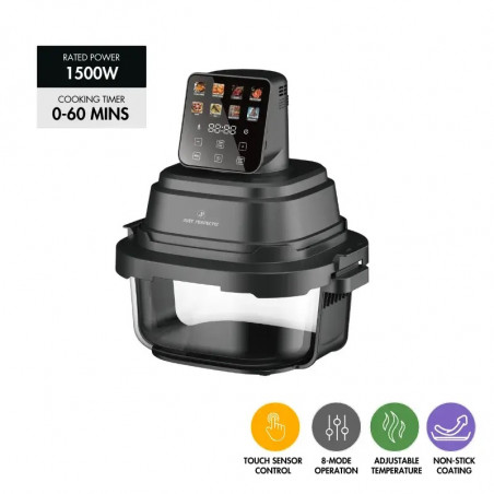 Friteuză cu aer cald Just Perfecto JP-AF4GL, 1500 W, 1,5/4 l, 8 programe, 80-200 °C, circulație a aerului cald la 360°, structură din sticlă rezistentă la temperaturi ridicate, negru