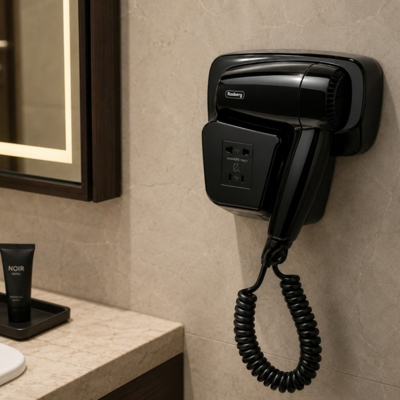 Uscator de par de perete Rosberg R51100HT, 1300 W, 2 viteze, Priza pentru aparate de ras, Pentru hoteluri si piscine, Negru