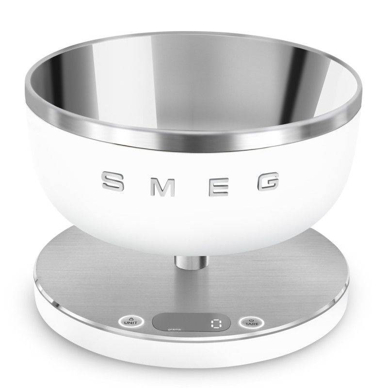 Cântar de bucătărie Smeg Collezione KSC01WHMWW, până la 5 kg/5 l, funcție TARE, afișaj LED, bază antiderapantă, autonomie de până la 36 de ore, alb mat