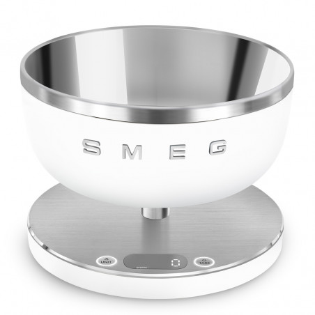 Cântar de bucătărie Smeg Collezione KSC01WHMWW, până la 5 kg/5 l, funcție TARE, afișaj LED, bază antiderapantă, autonomie de până la 36 de ore, alb mat