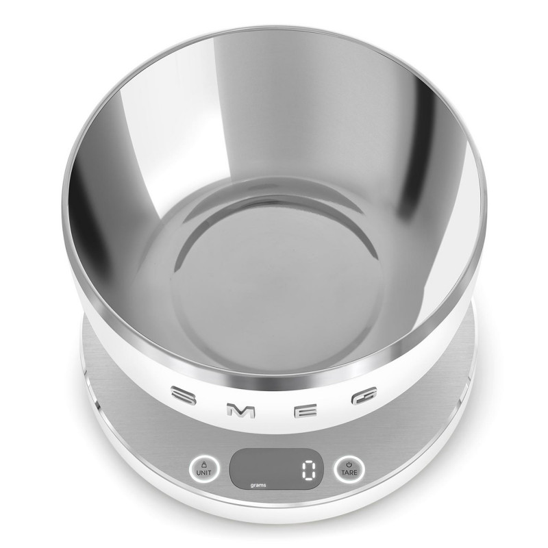 Cântar de bucătărie Smeg Collezione KSC01WHMWW, până la 5 kg/5 l, funcție TARE, afișaj LED, bază antiderapantă, autonomie de până la 36 de ore, alb mat