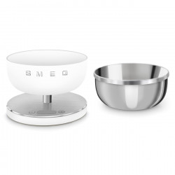 Cântar de bucătărie Smeg Collezione KSC01WHMWW, până la 5 kg/5 l, funcție TARE, afișaj LED, bază antiderapantă, autonomie de până la 36 de ore, alb mat