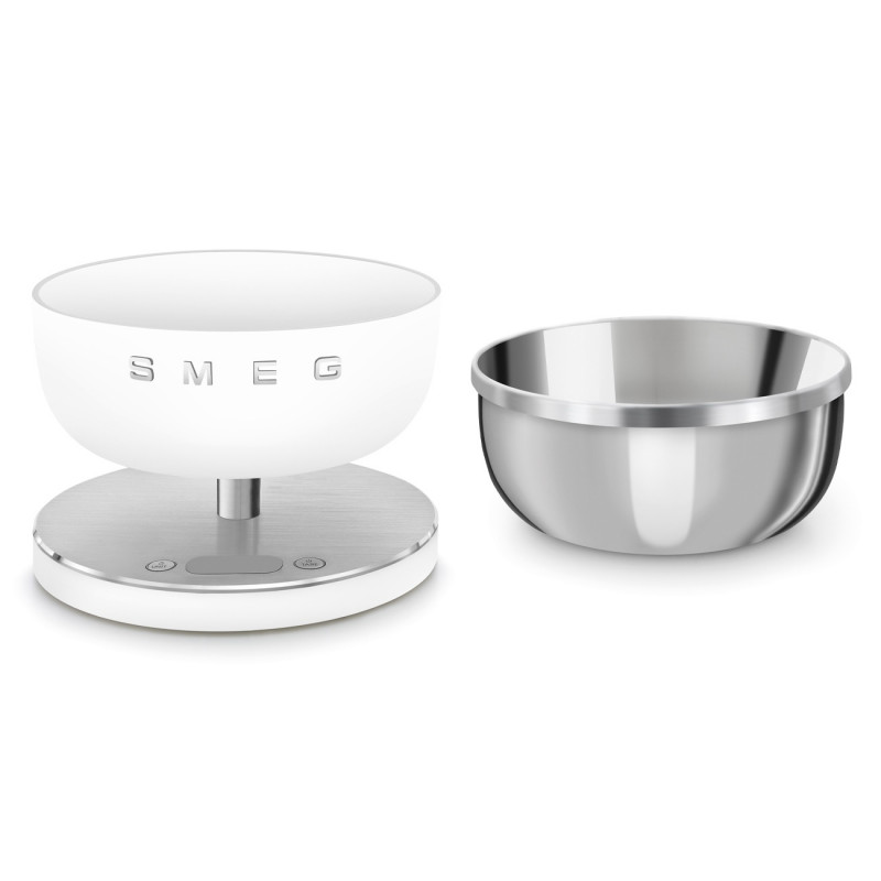 Cântar de bucătărie Smeg Collezione KSC01WHMWW, până la 5 kg/5 l, funcție TARE, afișaj LED, bază antiderapantă, autonomie de până la 36 de ore, alb mat