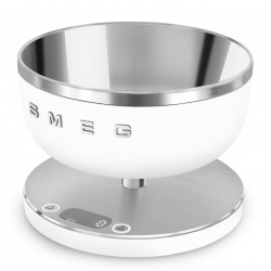 Cântar de bucătărie Smeg Collezione KSC01WHMWW, până la 5 kg/5 l, funcție TARE, afișaj LED, bază antiderapantă, autonomie de până la 36 de ore, alb mat