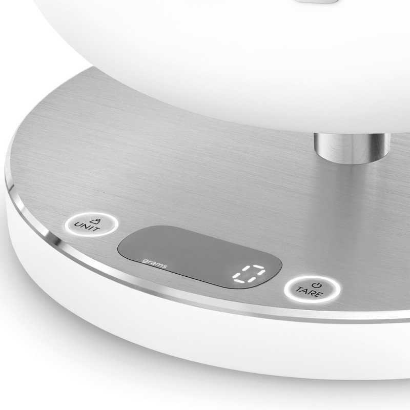 Cântar de bucătărie Smeg Collezione KSC01WHMWW, până la 5 kg/5 l, funcție TARE, afișaj LED, bază antiderapantă, autonomie de până la 36 de ore, alb mat