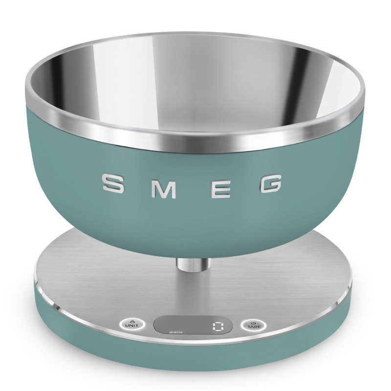 Cântar de bucătărie Smeg Collezione KSC01EGMWW, până la 5 kg/5 l, funcție TARE, afișaj LED, bază antiderapantă, autonomie de până la 36 de ore, verde smarald