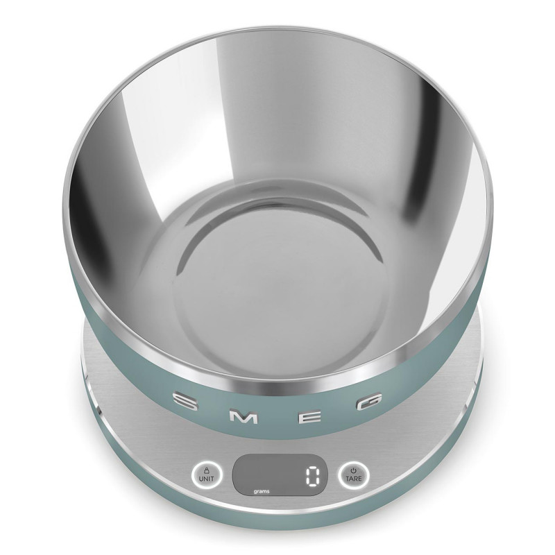 Cântar de bucătărie Smeg Collezione KSC01EGMWW, până la 5 kg/5 l, funcție TARE, afișaj LED, bază antiderapantă, autonomie de până la 36 de ore, verde smarald