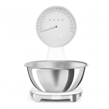 Cântar de bucătărie Smeg KSF01WHWW, afișaj analogic și digital, până la 5 kg/5 l, funcție TARA, afișaj LED, bază antiderapantă, autonomie de până la 36 de ore, alb mat