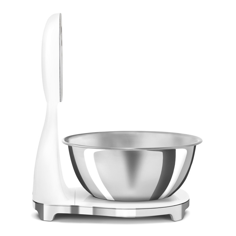 Cântar de bucătărie Smeg KSF01WHWW, afișaj analogic și digital, până la 5 kg/5 l, funcție TARA, afișaj LED, bază antiderapantă, autonomie de până la 36 de ore, alb mat