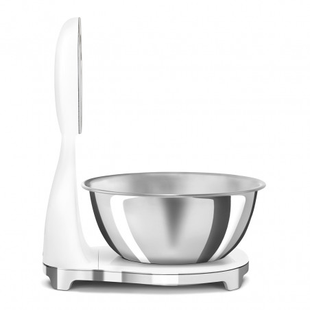 Cântar de bucătărie Smeg KSF01WHWW, afișaj analogic și digital, până la 5 kg/5 l, funcție TARA, afișaj LED, bază antiderapantă, autonomie de până la 36 de ore, alb mat