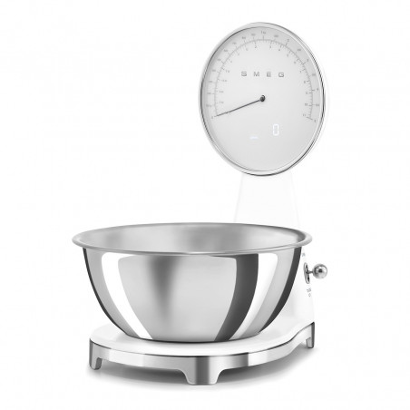 Cântar de bucătărie Smeg KSF01WHWW, afișaj analogic și digital, până la 5 kg/5 l, funcție TARA, afișaj LED, bază antiderapantă, autonomie de până la 36 de ore, alb mat