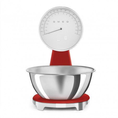 Cântar de bucătărie Smeg KSF01RDWW, afișaj analogic și digital, până la 5 kg/5 l, funcție TARA, afișaj LED, bază antiderapantă, autonomie de până la 36 de ore, roșu