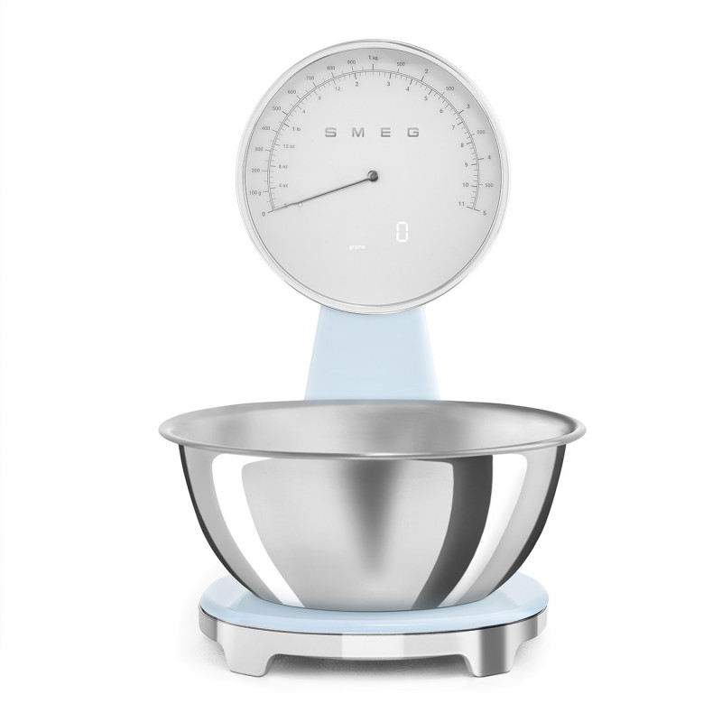 Cântar de bucătărie Smeg KSF01PBWW, afișaj analogic și digital, până la 5 kg/5 l, funcție TARA, afișaj LED, bază antiderapantă, autonomie de până la 36 de ore, albastru pastel