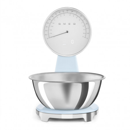 Cântar de bucătărie Smeg KSF01PBWW, afișaj analogic și digital, până la 5 kg/5 l, funcție TARA, afișaj LED, bază antiderapantă, autonomie de până la 36 de ore, albastru pastel