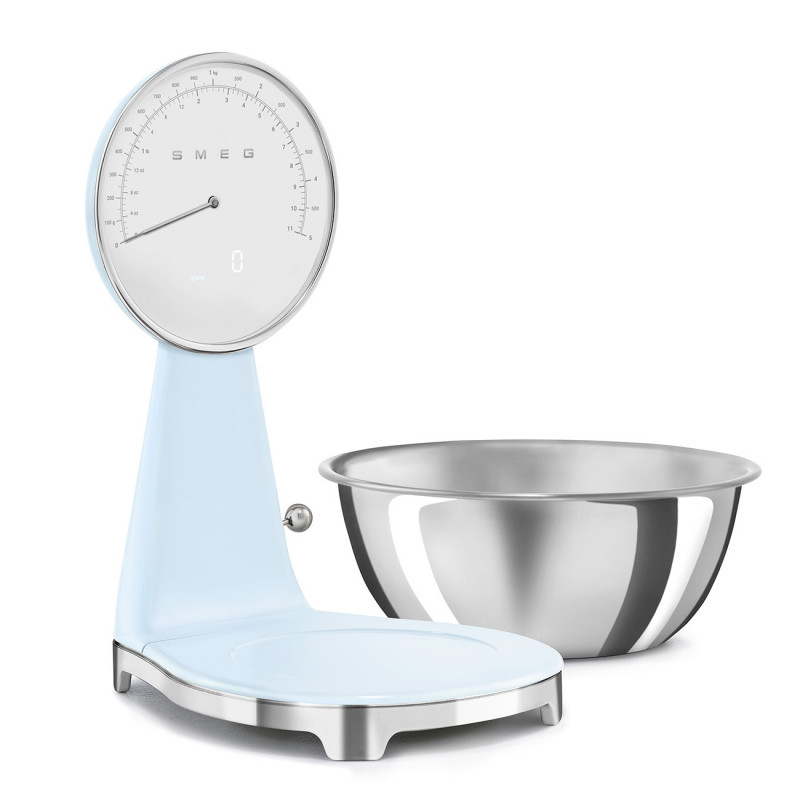 Cântar de bucătărie Smeg KSF01PBWW, afișaj analogic și digital, până la 5 kg/5 l, funcție TARA, afișaj LED, bază antiderapantă, autonomie de până la 36 de ore, albastru pastel