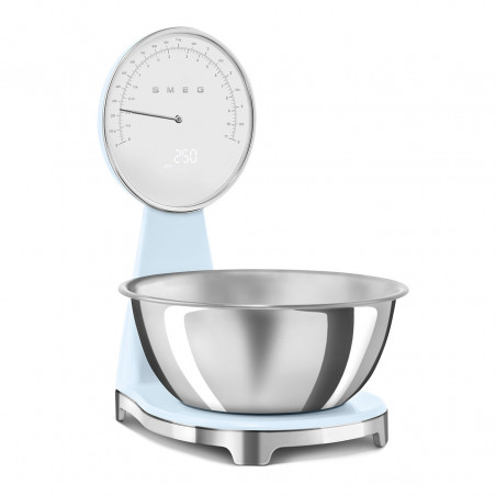 Cântar de bucătărie Smeg KSF01PBWW, afișaj analogic și digital, până la 5 kg/5 l, funcție TARA, afișaj LED, bază antiderapantă, autonomie de până la 36 de ore, albastru pastel
