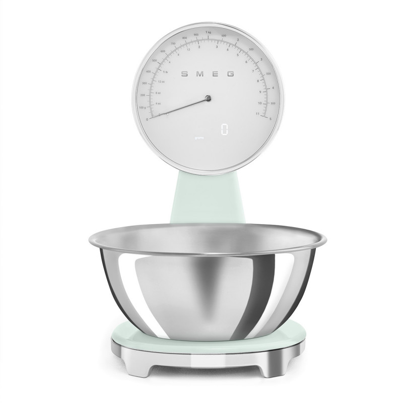 Cântar de bucătărie Smeg KSF01PGWW, afișaj analogic și digital, până la 5 kg/5 l, funcție TARA, afișaj LED, bază antiderapantă, autonomie de până la 36 de ore, verde pastel