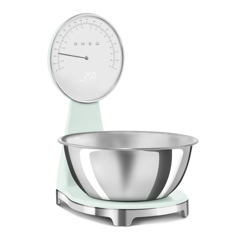 Cântar de bucătărie Smeg KSF01PGWW, afișaj analogic și digital, până la 5 kg/5 l, funcție TARA, afișaj LED, bază antiderapantă, autonomie de până la 36 de ore, verde pastel