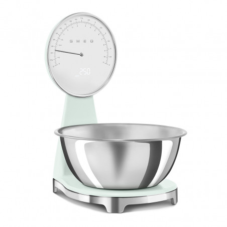 Cântar de bucătărie Smeg KSF01PGWW, afișaj analogic și digital, până la 5 kg/5 l, funcție TARA, afișaj LED, bază antiderapantă, autonomie de până la 36 de ore, verde pastel