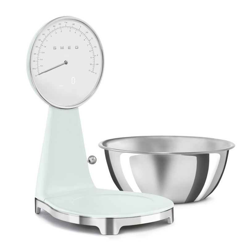 Cântar de bucătărie Smeg KSF01PGWW, afișaj analogic și digital, până la 5 kg/5 l, funcție TARA, afișaj LED, bază antiderapantă, autonomie de până la 36 de ore, verde pastel