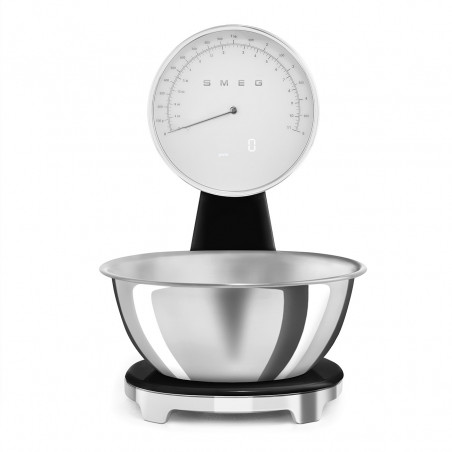 Cântar de bucătărie Smeg KSF01BLWW, afișaj analogic și digital, până la 5 kg/5 l, funcție TARE, afișaj LED, bază antiderapantă, autonomie de până la 36 de ore, negru