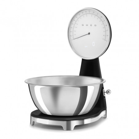 Cântar de bucătărie Smeg KSF01BLWW, afișaj analogic și digital, până la 5 kg/5 l, funcție TARE, afișaj LED, bază antiderapantă, autonomie de până la 36 de ore, negru