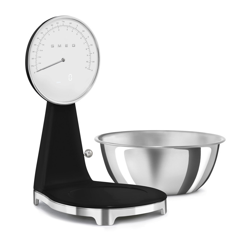 Cântar de bucătărie Smeg KSF01BLWW, afișaj analogic și digital, până la 5 kg/5 l, funcție TARE, afișaj LED, bază antiderapantă, autonomie de până la 36 de ore, negru