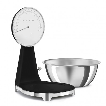 Cântar de bucătărie Smeg KSF01BLWW, afișaj analogic și digital, până la 5 kg/5 l, funcție TARE, afișaj LED, bază antiderapantă, autonomie de până la 36 de ore, negru