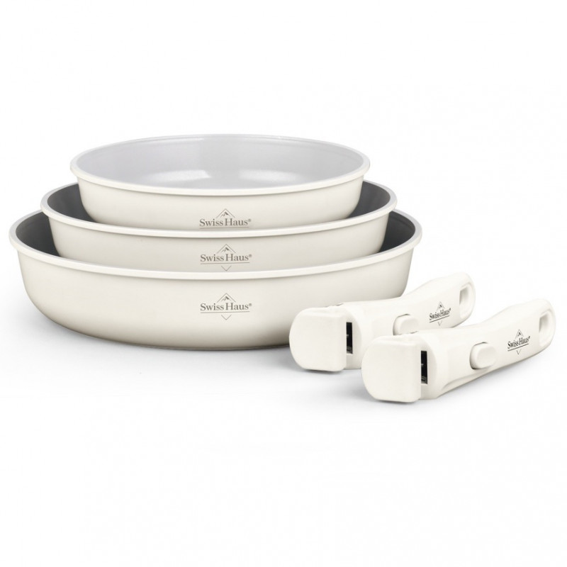 Set de tigăi Swiss Haus SH-GCFP5C, 5 piese, acoperire ceramică Sapphire, mânere detașabile, compatibil cu plitele cu inducție, finisaj crem lucios
