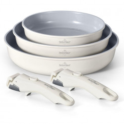 Set de tigăi Swiss Haus SH-GCFP5C, 5 piese, acoperire ceramică Sapphire, mânere detașabile, compatibil cu plitele cu inducție, finisaj crem lucios