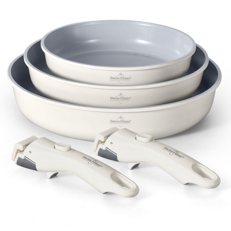 Set de tigăi Swiss Haus SH-GCFP5C, 5 piese, acoperire ceramică Sapphire, mânere detașabile, compatibil cu plitele cu inducție, finisaj crem lucios