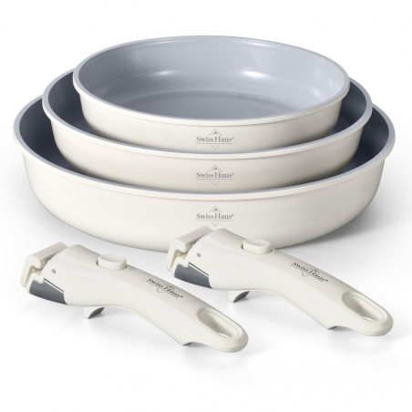 Set de tigăi Swiss Haus SH-GCFP5C, 5 piese, acoperire ceramică Sapphire, mânere detașabile, compatibil cu plitele cu inducție, finisaj crem lucios