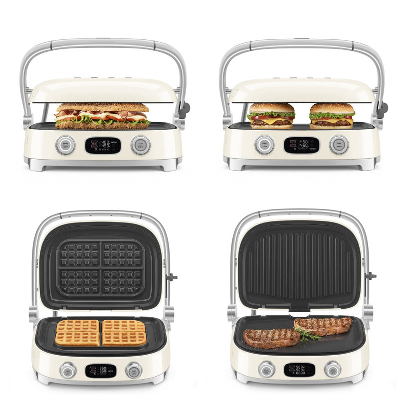 Grătar multifuncțional SMEG 50's Style MGF01CREU, 2100 W, 60-230 °C, 3 programe, acoperire ceramică, tavă de scurgere, semnal sonor, cronometru, culoare crem