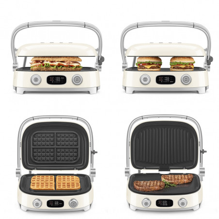 Grătar multifuncțional SMEG 50's Style MGF01CREU, 2100 W, 60-230 °C, 3 programe, acoperire ceramică, tavă de scurgere, semnal sonor, cronometru, culoare crem